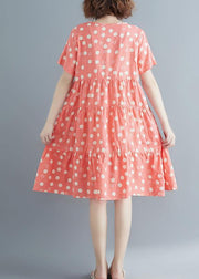 Style pink print cotton linen Tunics o neck Cinched summer Dress - SooLinen