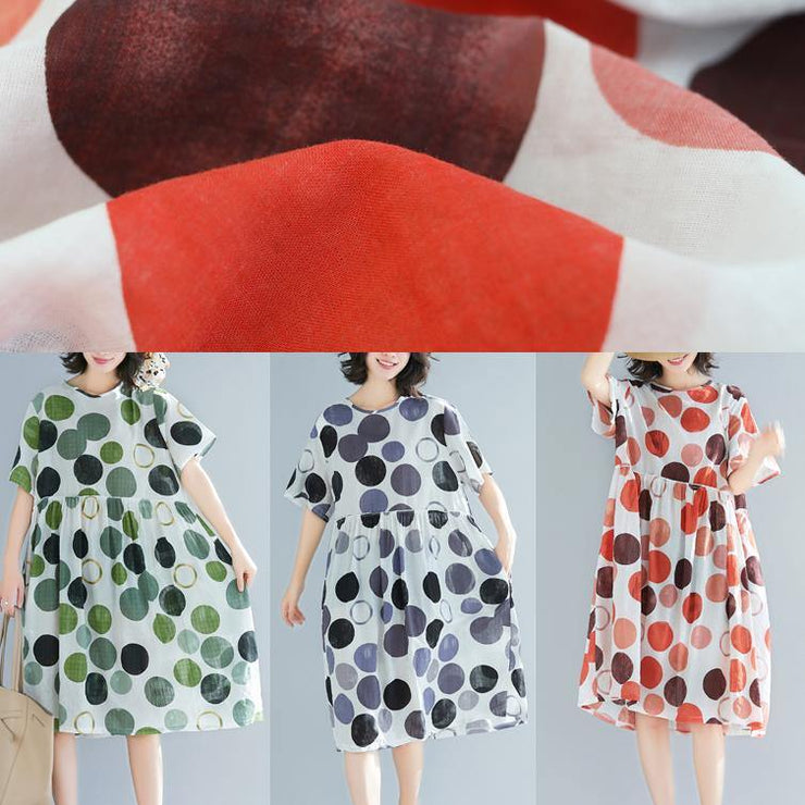Style red dotted linen clothes For Women plus size design o neck short sleeve Plus Size Summer Dress - SooLinen
