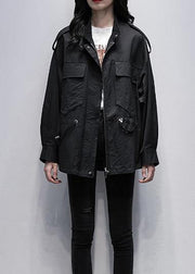 Style stand collar pockets  tunic coat black print loose outwears - SooLinen