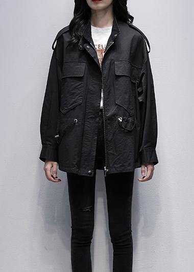 Style stand collar pockets  tunic coat black print loose outwears - SooLinen