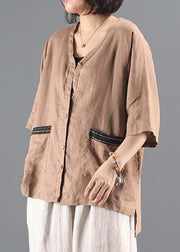 Style v neck pockets Shirts Work khaki women coat - SooLinen