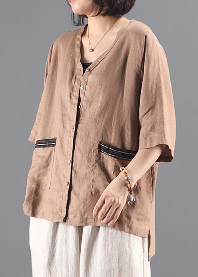 Style v neck pockets Shirts Work khaki women coat - SooLinen