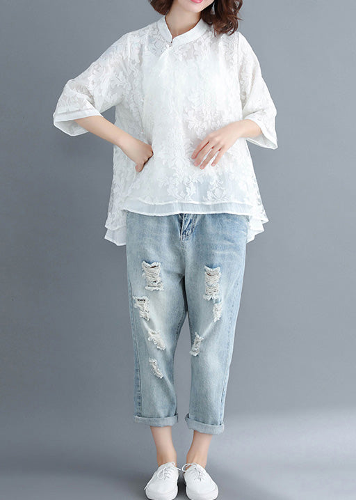 Stil weiße Spitze Top Silhouette Frauen Button-Down-Kleider Sommerbluse