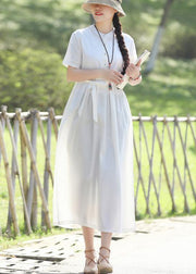 Style white linen quilting dresses tie waist Robe summer Dresses - SooLinen