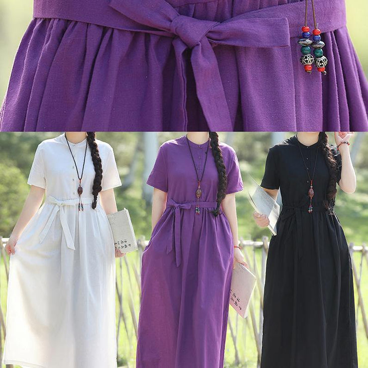 Style white linen quilting dresses tie waist Robe summer Dresses - SooLinen