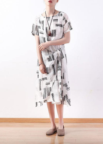 Style white print linen dress o neck asymmetric A Line Dresses - SooLinen