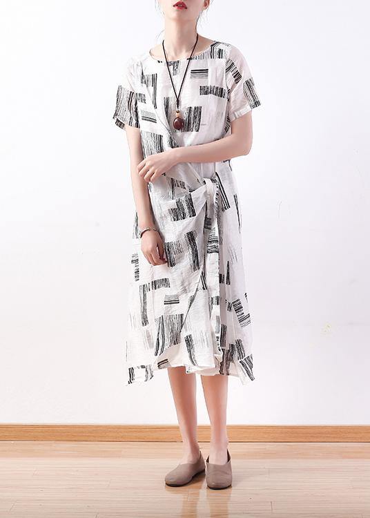 Style white print linen dress o neck asymmetric A Line Dresses - SooLinen