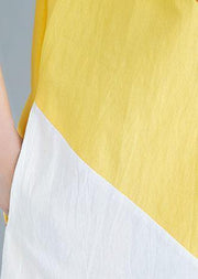 Style yellow Cotton Tunics lapel patchwork baggy summer Dresses - SooLinen