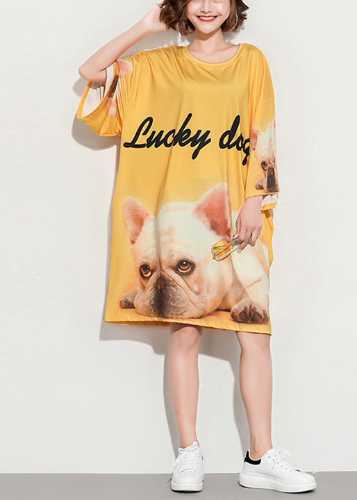 Stil gelber Druck Baumwoll-Tunika-Muster plus Größe Ärmel O-Ausschnitt Baggy Summer Dress