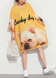 Stil gelber Druck Baumwoll-Tunika-Muster plus Größe Ärmel O-Ausschnitt Baggy Summer Dress