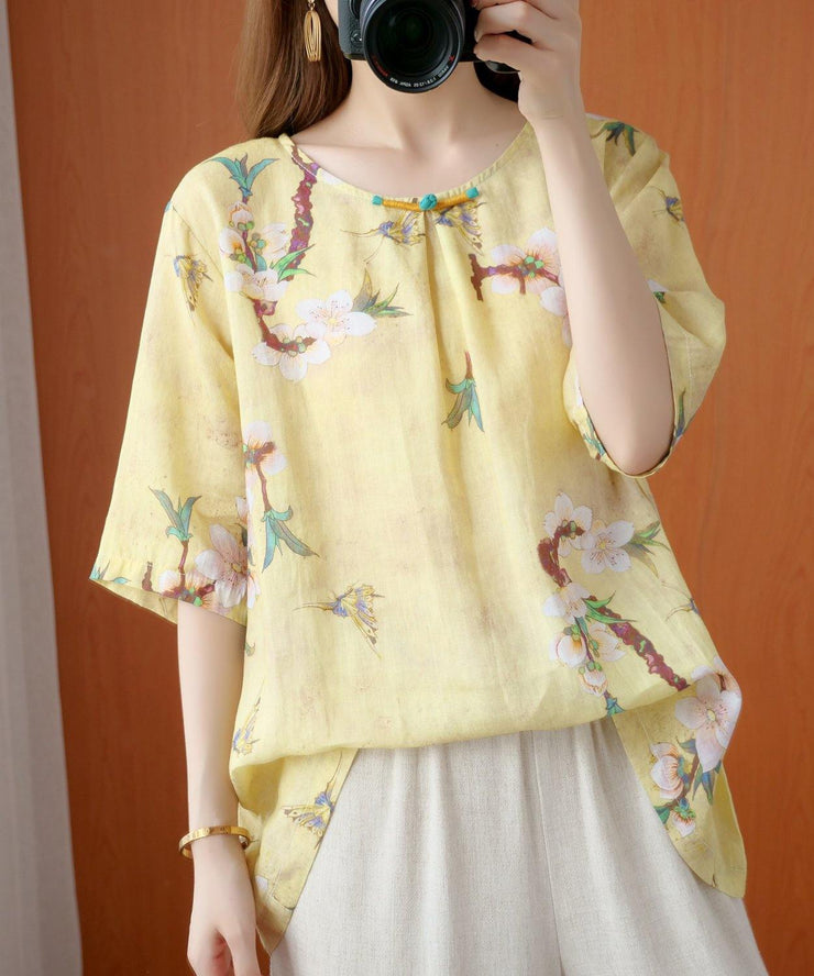 Style yellow print top silhouette o neck half sleeve Dresses blouse - SooLinen