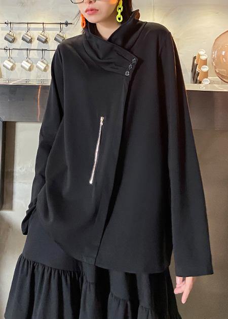 Style zippered Three-dimensional decoration tops women black baggy blouse - SooLinen