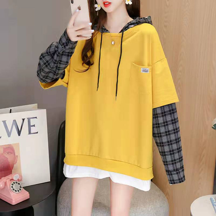 Style False Two Pieces Cotton Hooded Clothes Neckline Army Green Bluse