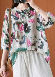 Stylish Beige Print tie Shirts Summer Cotton - SooLinen