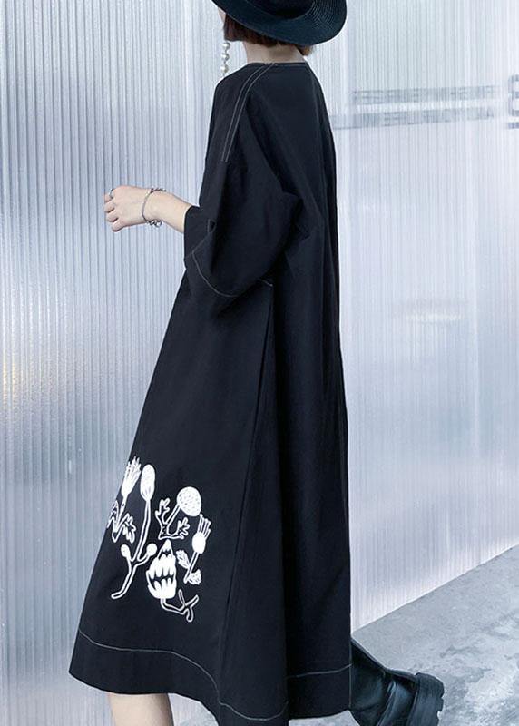 Stylish Black Embroideried Button Asymmetrical Design Fall Long sleeve Dresses - SooLinen