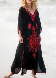 Stylish Black Embroideried Long sleeve kimono robe Maxi  Summer - SooLinen