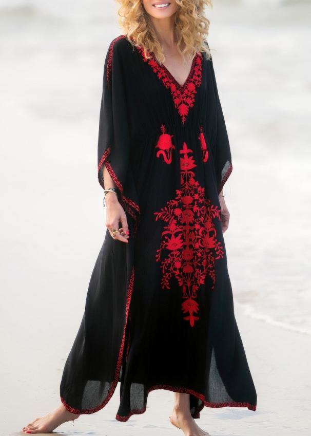 Stylish Black Embroideried Long sleeve kimono robe Maxi  Summer - SooLinen