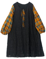 Stylish Black Patchwork Lantern Sleeve Lace Maxi Dress Summer - SooLinen