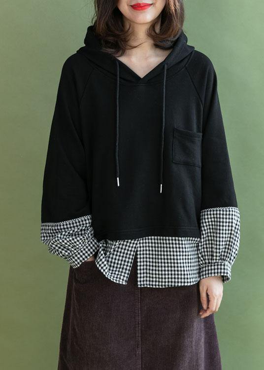 Stylish Black Patchwork Plaid Pockets Fall Loose Pullover Street Wear - SooLinen