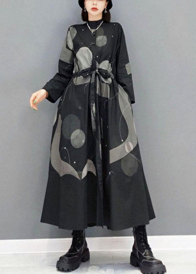 Stylish Black Stand Button Dresses Fall Long Sleeve - SooLinen
