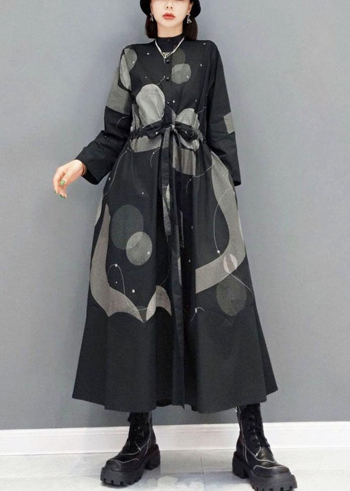 Stylish Black Stand Button Dresses Fall Long Sleeve - SooLinen