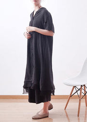Stylish Black Striped Silk Button Summer Two Pieces Set - SooLinen