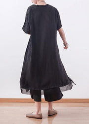Stylish Black Striped Silk Button Summer Two Pieces Set - SooLinen