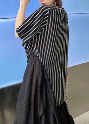Stylish Black Striped Summer asymmetrical design Short Sleeve Tops - SooLinen