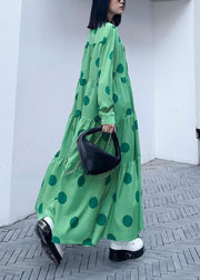 Stylish Green Dot Button Long sleeve Dress Spring - SooLinen