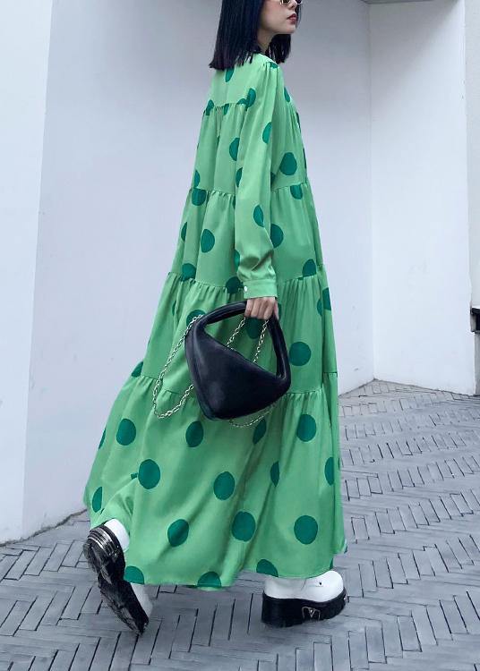 Stylish Green Dot Button Long sleeve Dress Spring - SooLinen