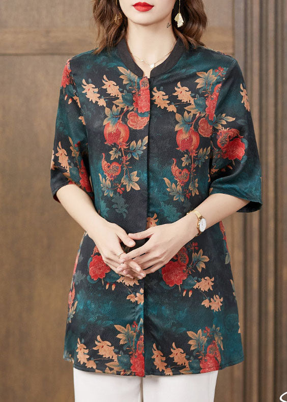 Stylish Green Stand Collar Button Pomegranate Print Patchwork Silk Long Shirt Half Sleeve