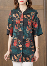 Stylish Green Stand Collar Button Pomegranate Print Patchwork Silk Long Shirt Half Sleeve