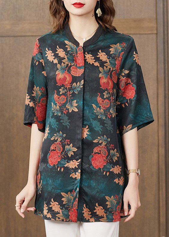Stylish Green Stand Collar Button Pomegranate Print Patchwork Silk Long Shirt Half Sleeve