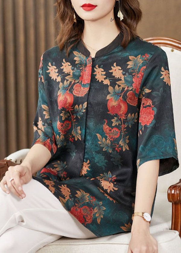 Stylish Green Stand Collar Button Pomegranate Print Patchwork Silk Long Shirt Half Sleeve