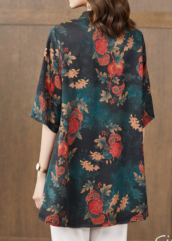 Stylish Green Stand Collar Button Pomegranate Print Patchwork Silk Long Shirt Half Sleeve
