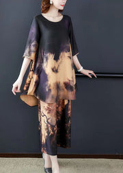 Stylish Original Colorblock O-Neck Print Silk Tops And Wide Leg Pants Two Piece Set Half Sleeve