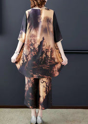 Stylish Original Colorblock O-Neck Print Silk Tops And Wide Leg Pants Two Piece Set Half Sleeve
