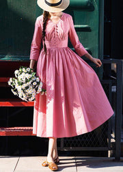 Stylish Pink Button V Neck Mid Summer Cotton Dress - SooLinen