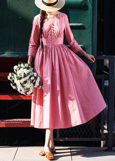 Stylish Pink Button V Neck Mid Summer Cotton Dress - SooLinen