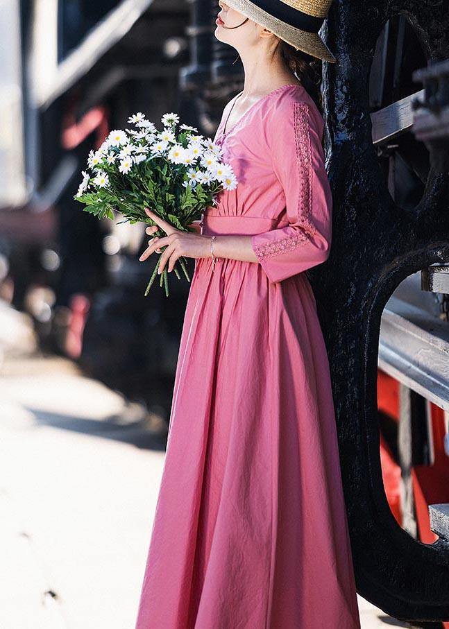 Stylish Pink Button V Neck Mid Summer Cotton Dress - SooLinen