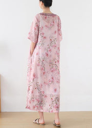 Stylish Pink Print Floral Oriental Summer Linen Dress - SooLinen