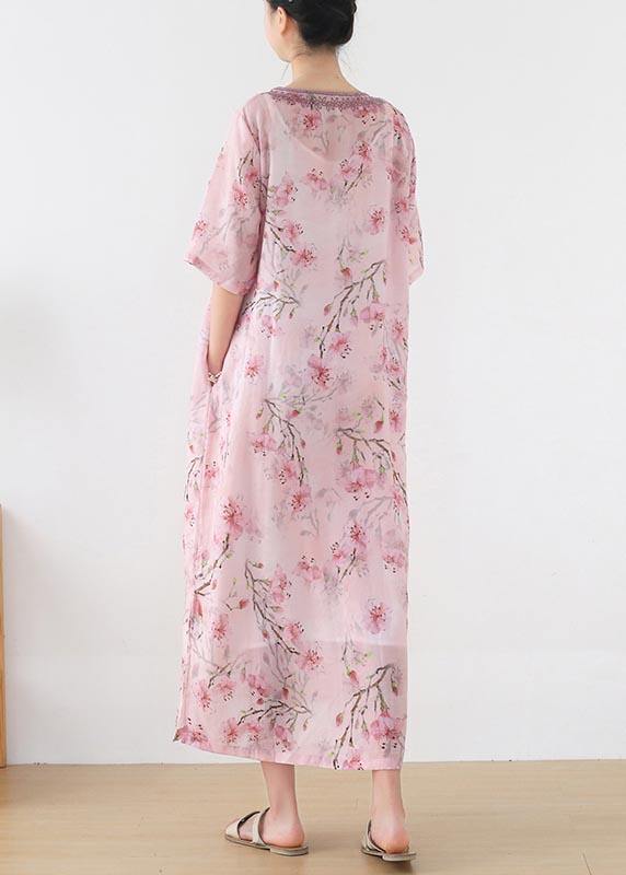 Stylish Pink Print Floral Oriental Summer Linen Dress - SooLinen