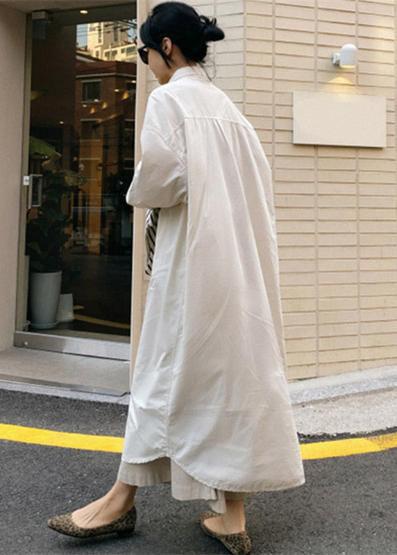 Stylish White Peter Pan Collar Button Pockets Cotton Dress Long Sleeve
