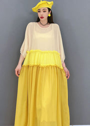Stylish Yellow Colorblock Ruffled Patchwork Chiffon Long Dress Batwing Sleeve