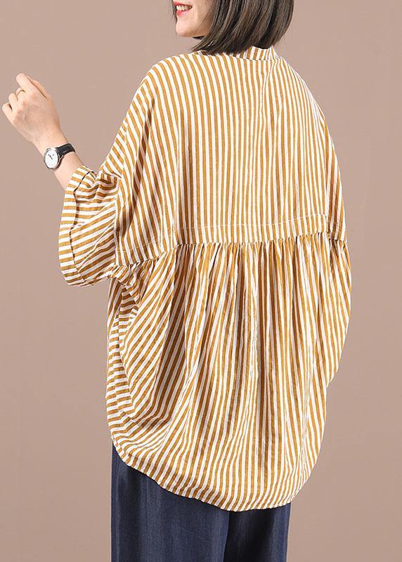 Stylish Yellow Striped low high design Half Sleeve Cotton Shirt Top Summer - SooLinen
