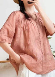 Stilvolles, orangefarbenes, besticktes Sommer-Ramie-Shirt mit V-Ausschnitt, halbe Ärmel