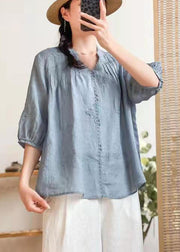 Stilvolles, orangefarbenes, besticktes Sommer-Ramie-Shirt mit V-Ausschnitt, halbe Ärmel