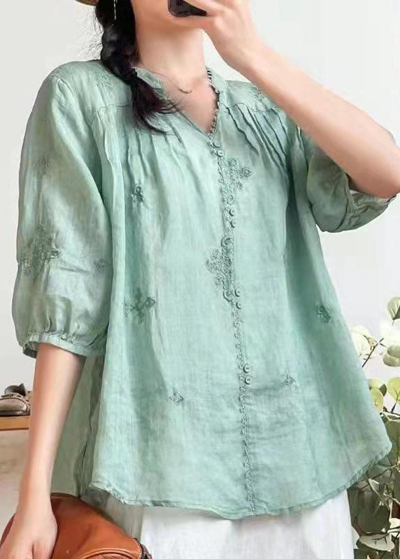 Stilvolles, orangefarbenes, besticktes Sommer-Ramie-Shirt mit V-Ausschnitt, halbe Ärmel