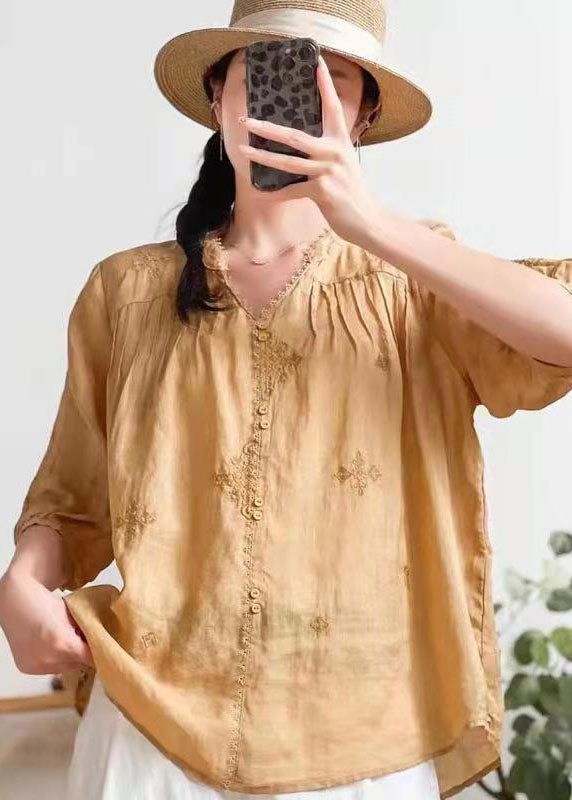 Stilvolles, orangefarbenes, besticktes Sommer-Ramie-Shirt mit V-Ausschnitt, halbe Ärmel