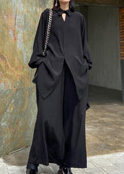 Suit large black long sleeve shirt wide leg pants two piece set - SooLinen